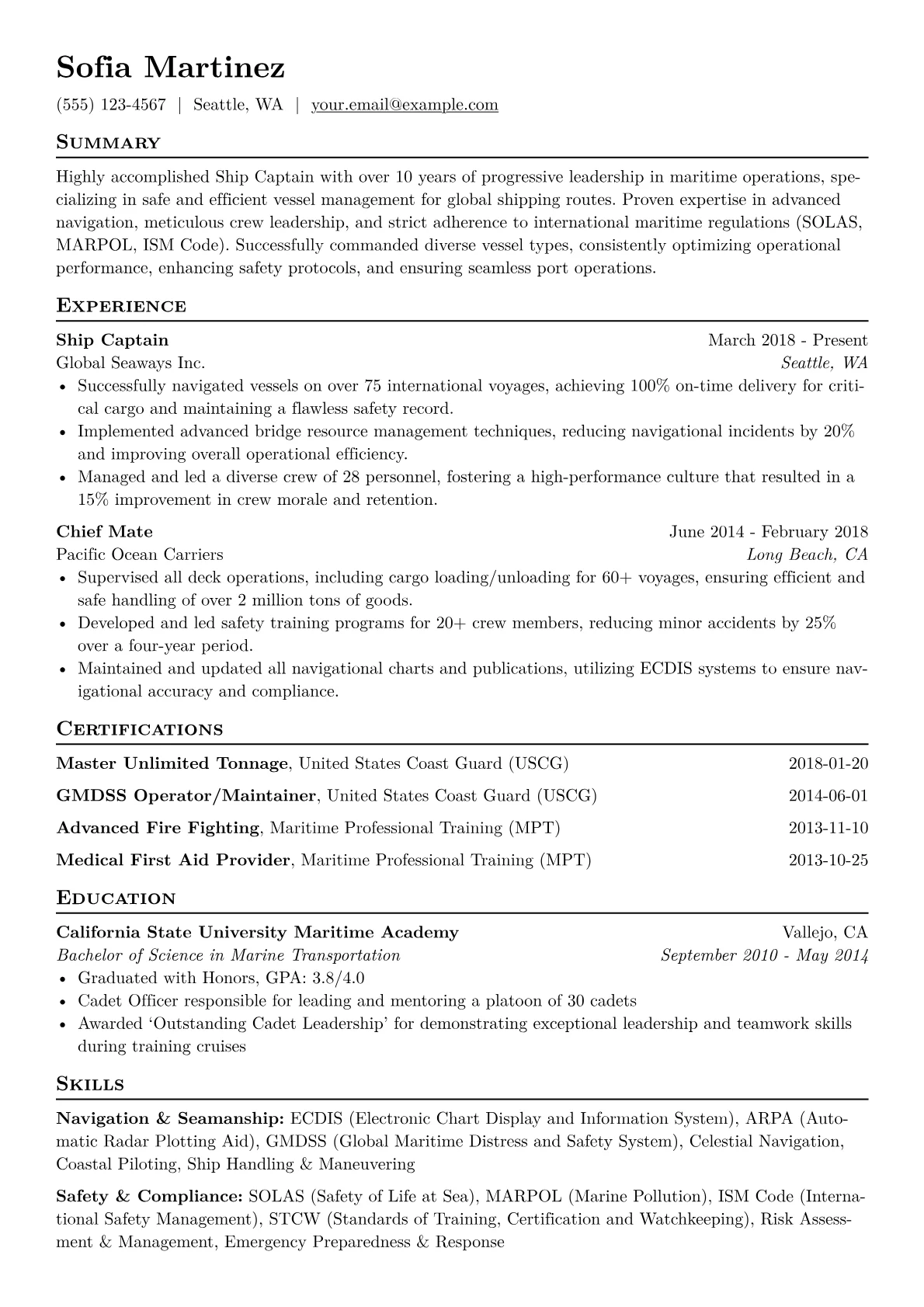 Ship Captain Resume Example CV template - Page 1