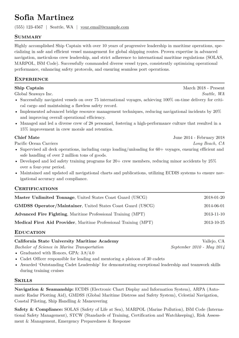 Ship Captain Resume Example CV template preview