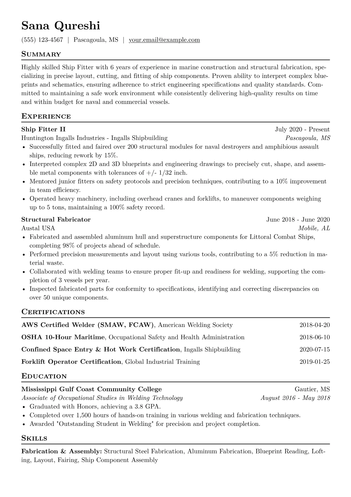Ship Fitter Resume Example CV template - Page 1
