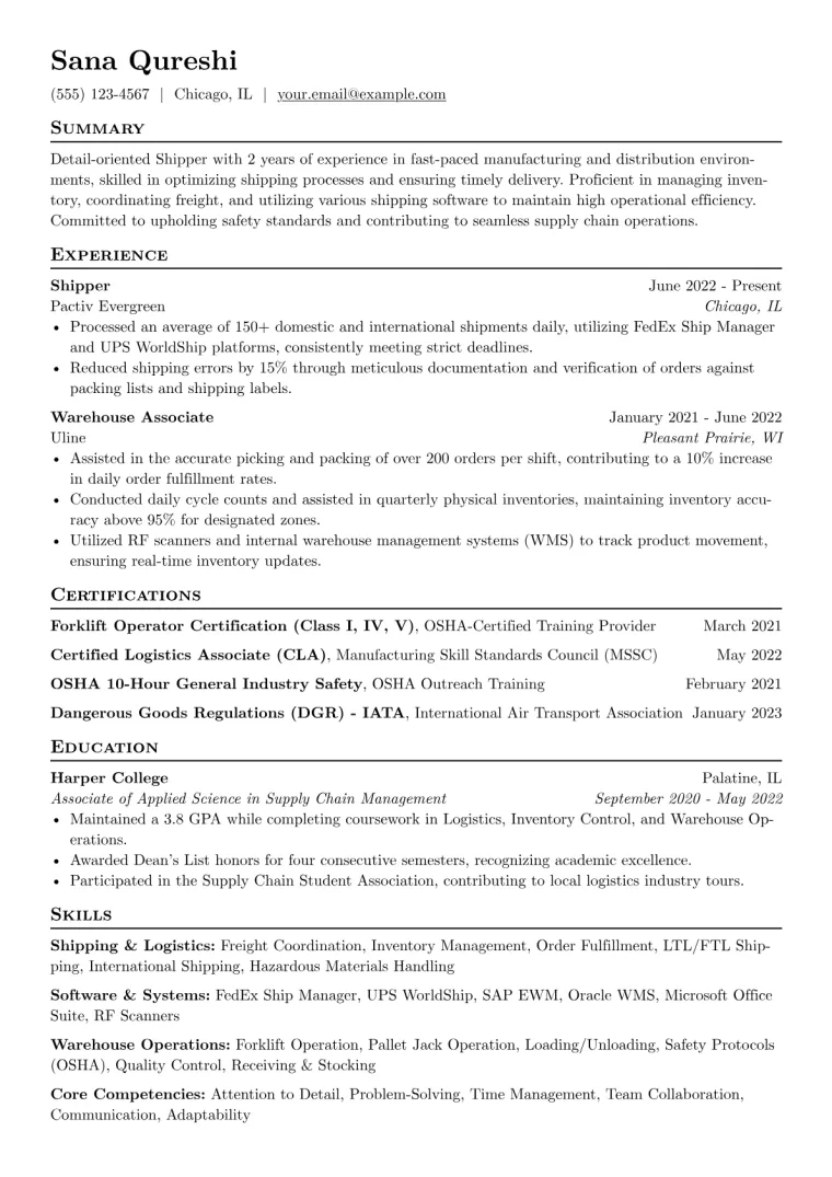 Shipper Resume Example CV template preview