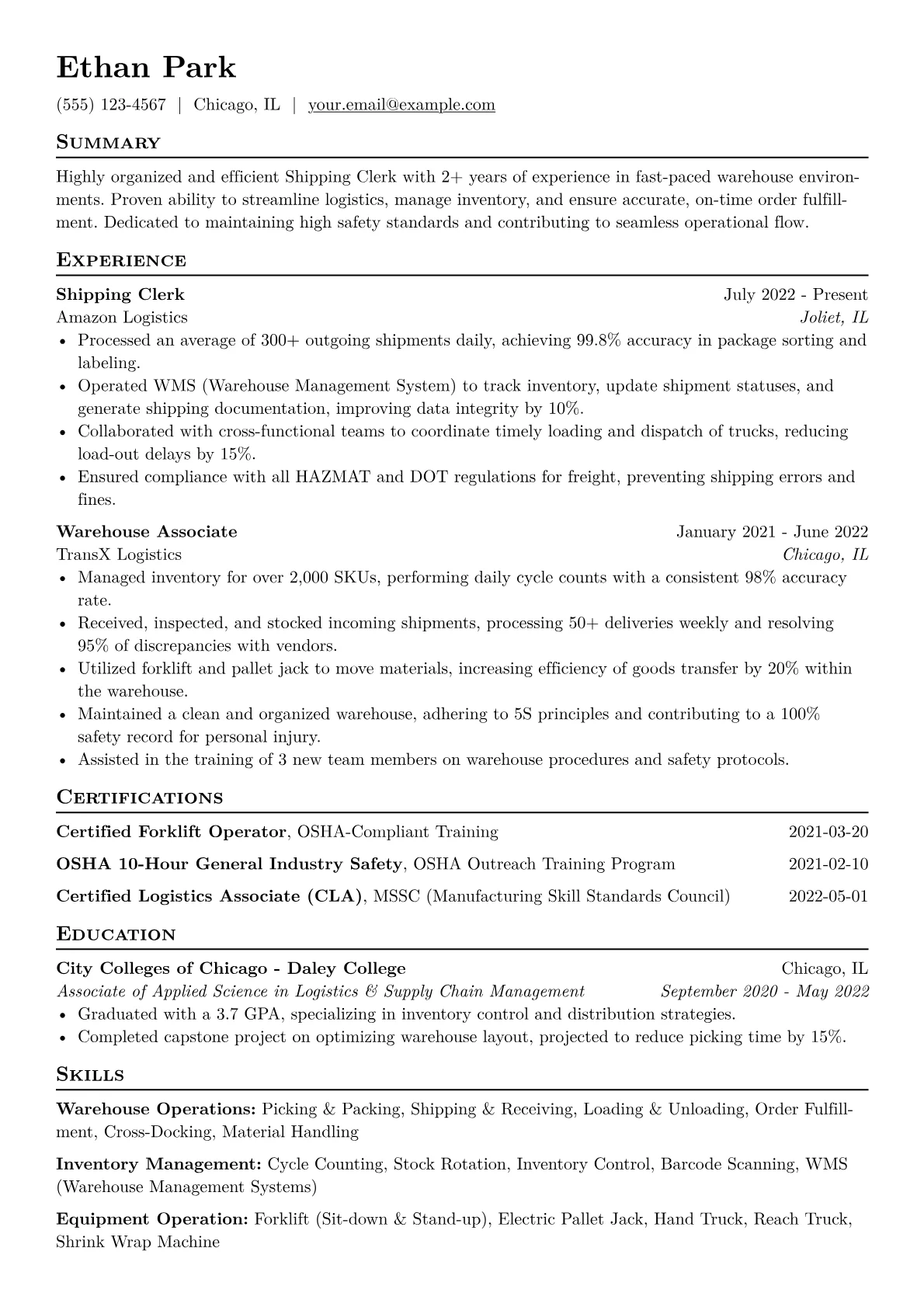 Shipping Clerk Resume Example CV template - Page 1