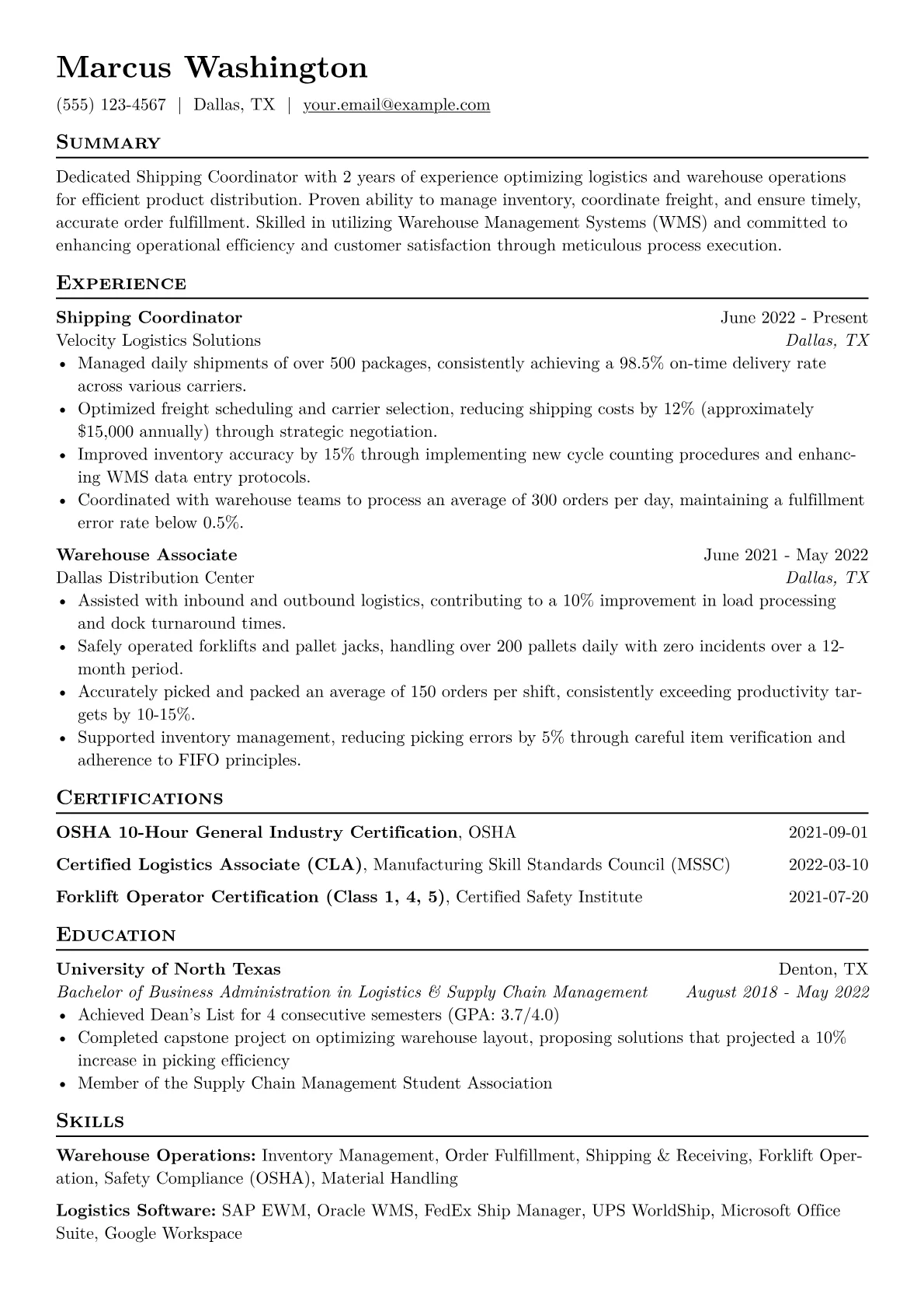Shipping Coordinator Resume Example CV template - Page 1