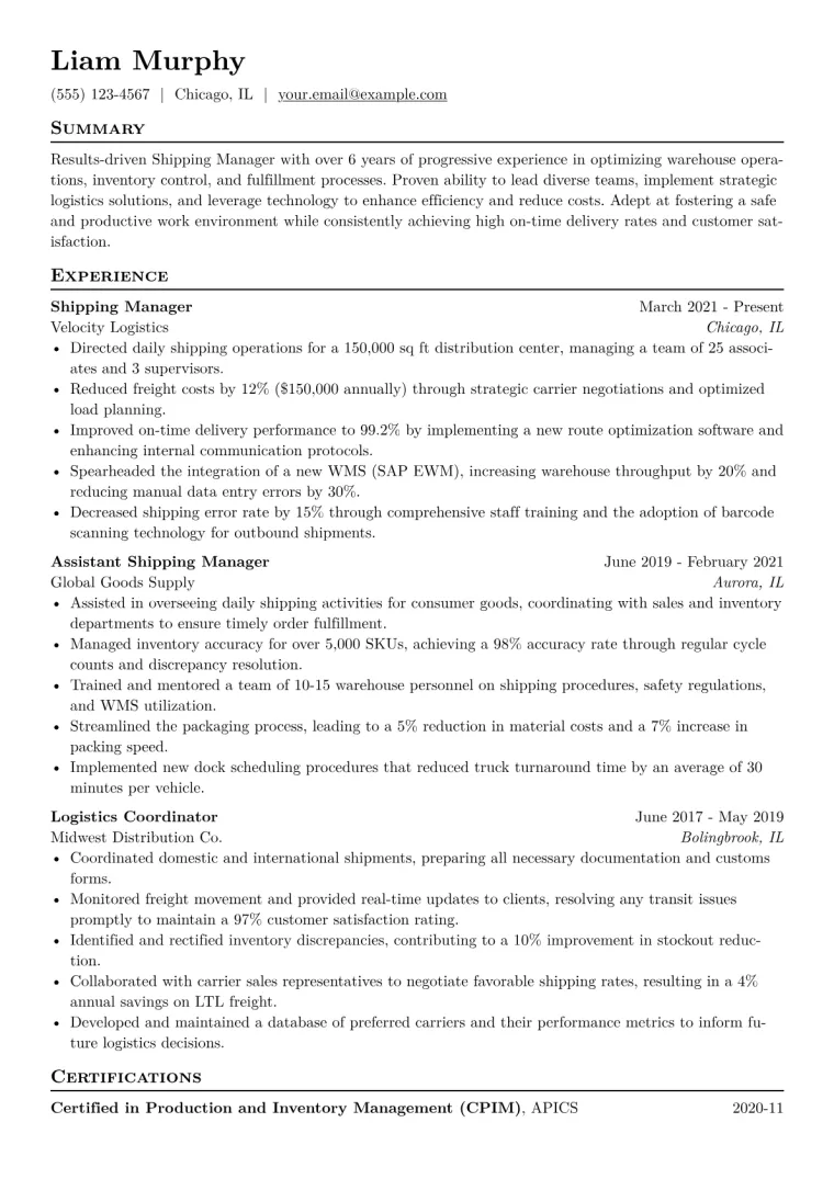 Shipping Manager Resume Example CV template preview