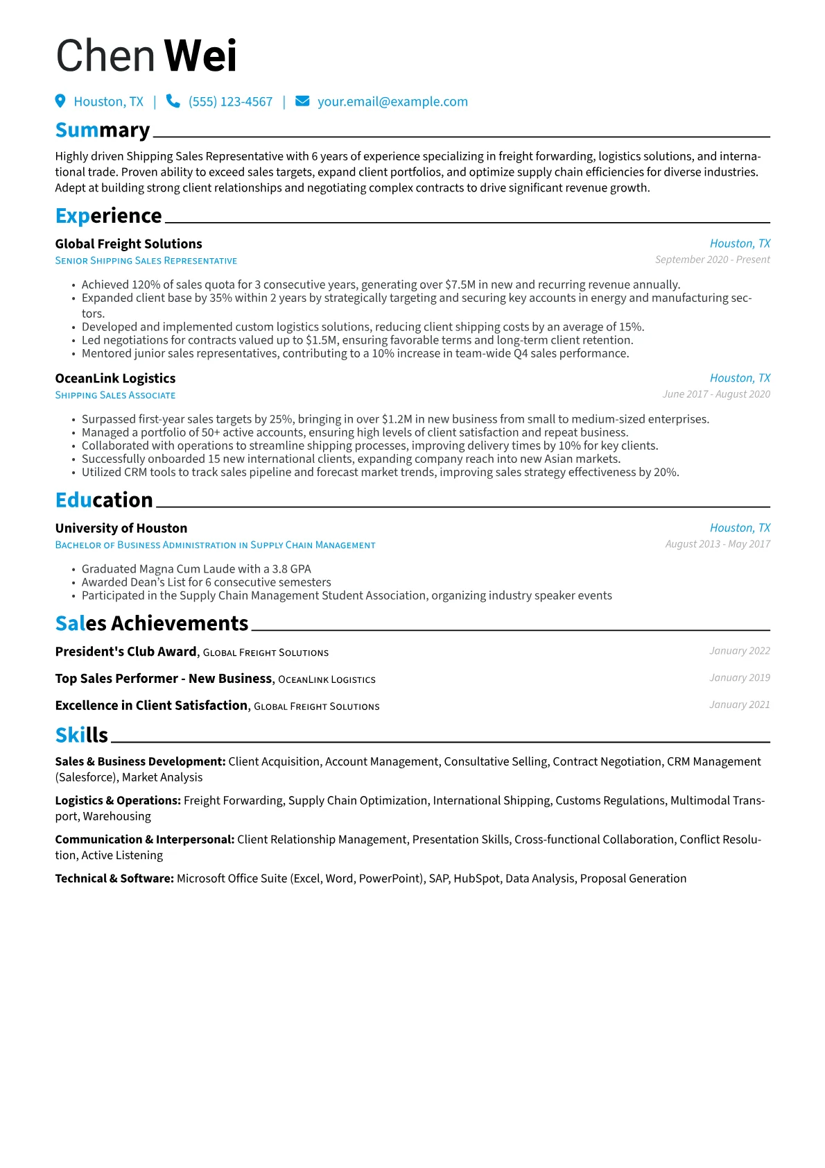 Shipping Sales Representative Resume Example CV template - Page 1