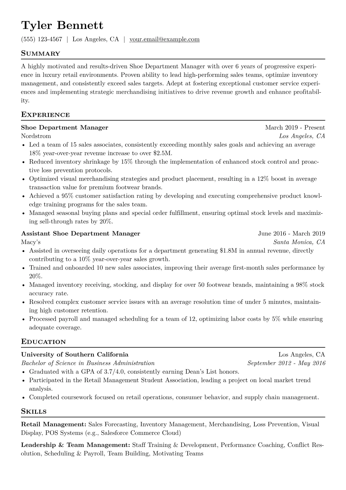 Shoe Department Manager Resume Example CV template - Page 1