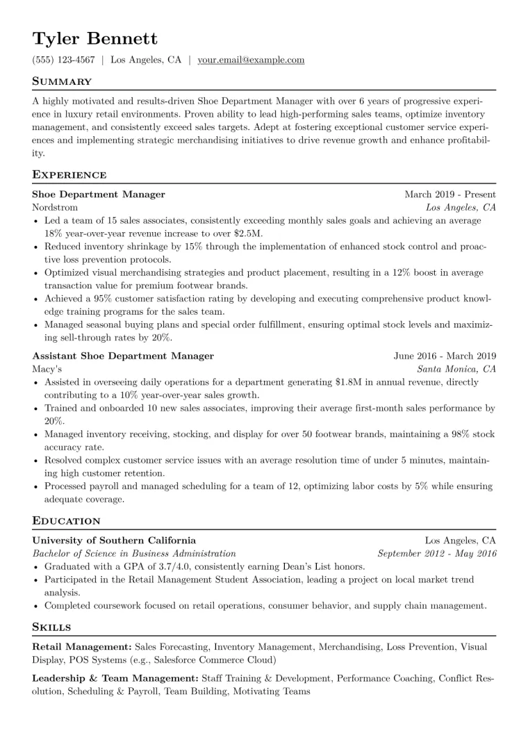 Shoe Department Manager Resume Example CV template preview