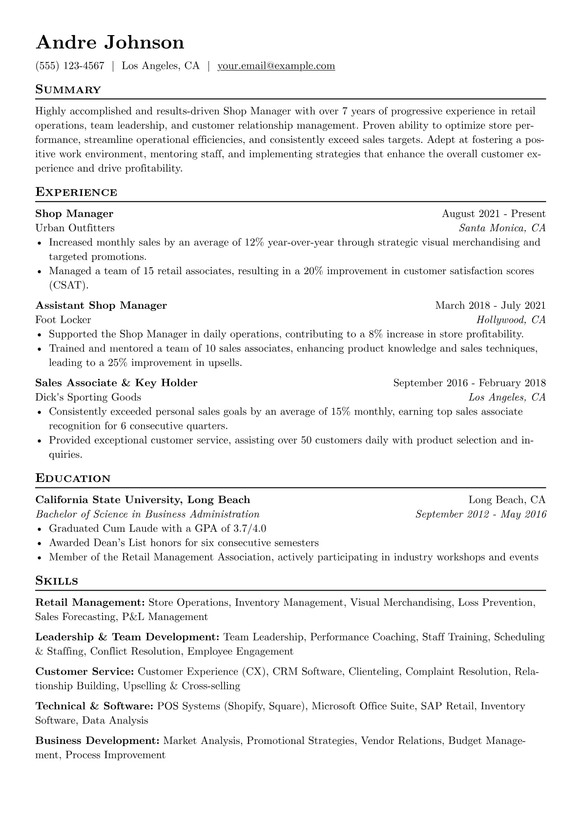 Shop Manager Resume Example CV template - Page 1