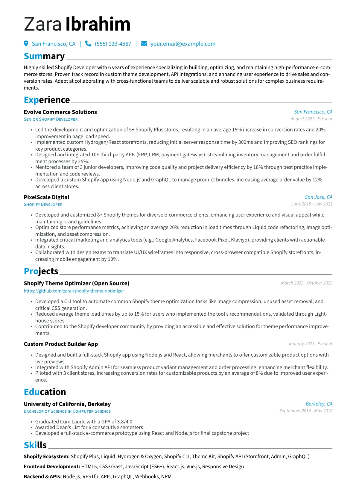 Shopify Developer Resume Example CV template - Page 1