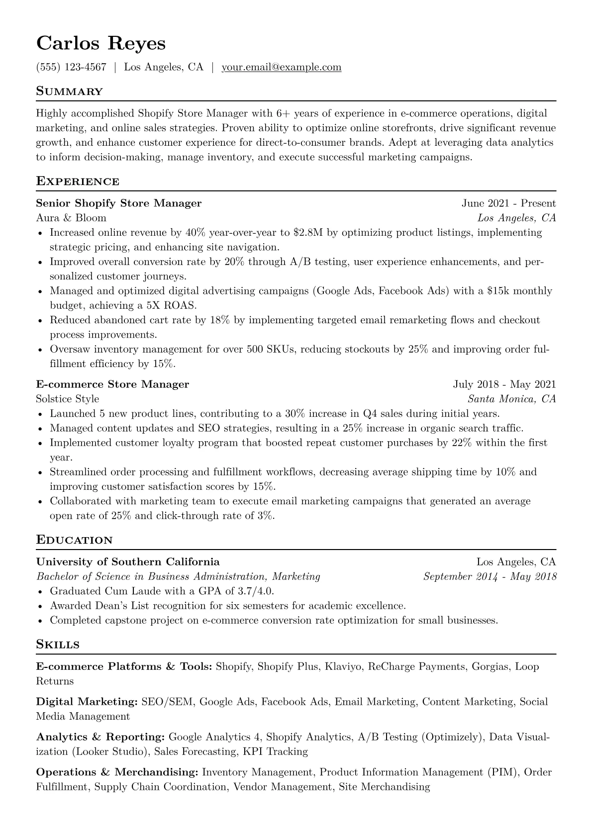 Shopify Store Manager Resume Example CV template - Page 1