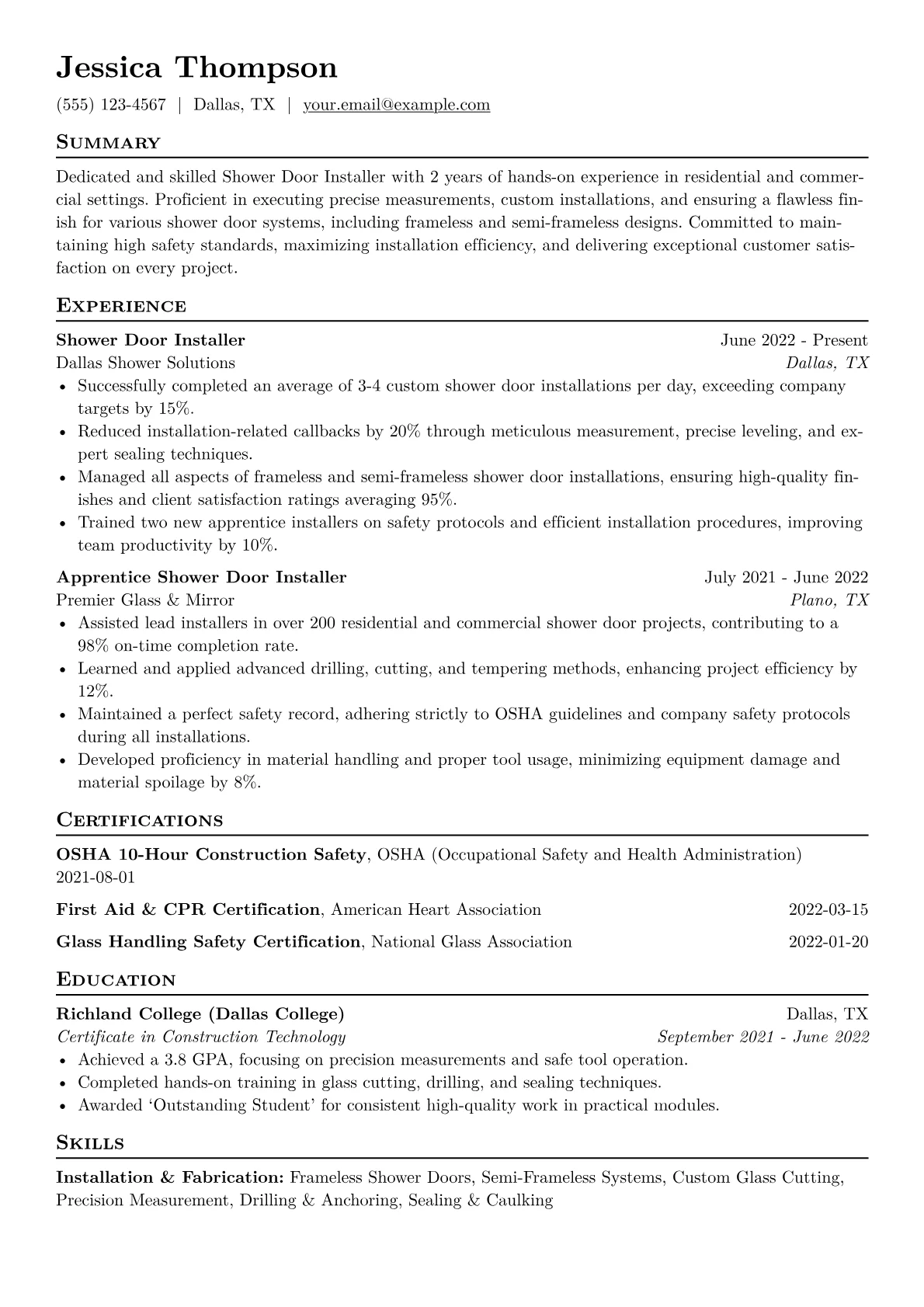 Shower Door Installer Resume Example CV template - Page 1
