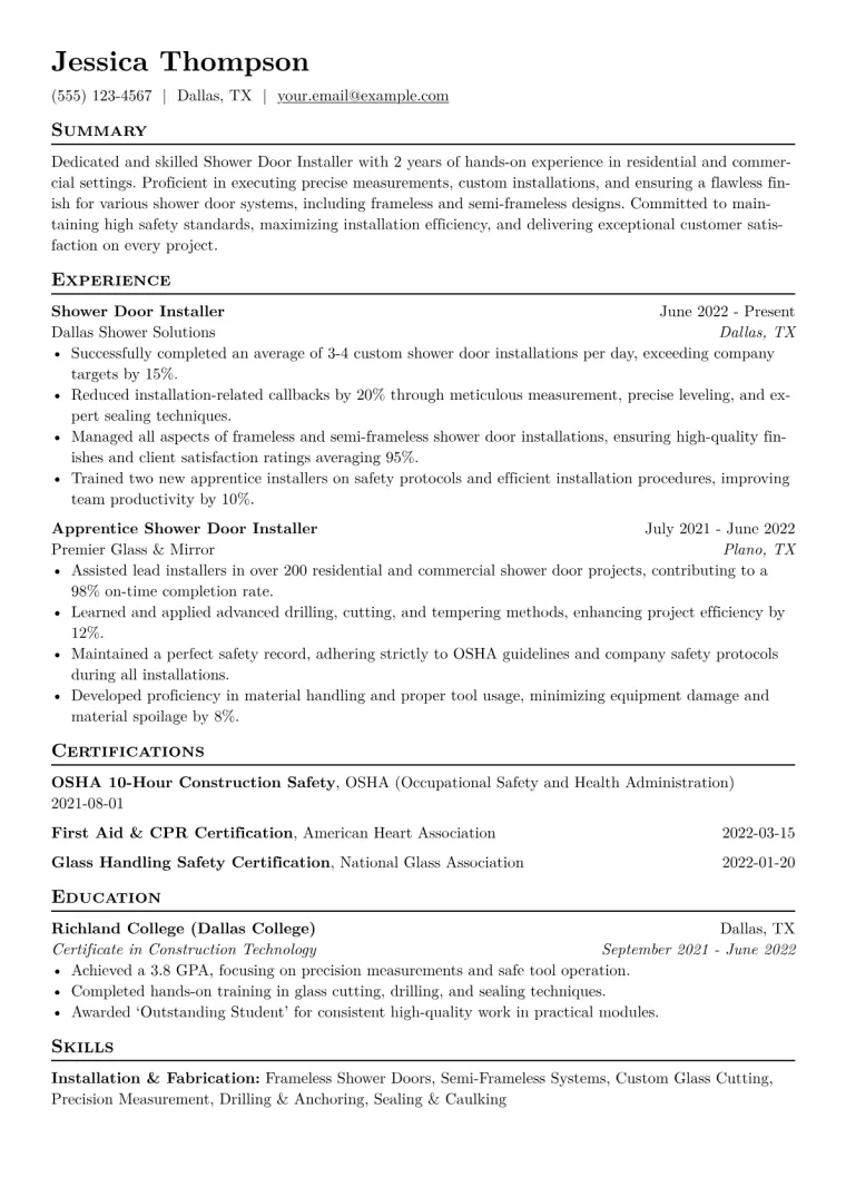 Shower Door Installer Resume Example CV template preview