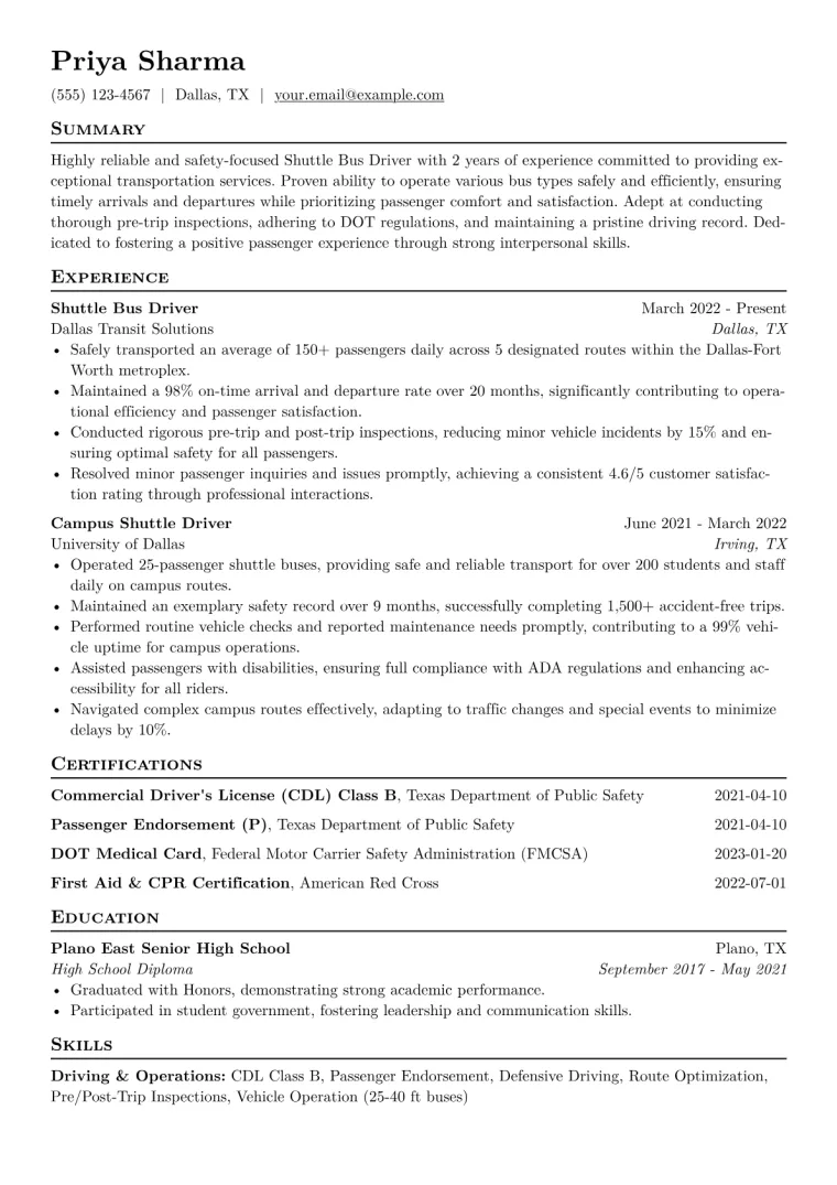 Shuttle Bus Driver Resume Example CV template preview