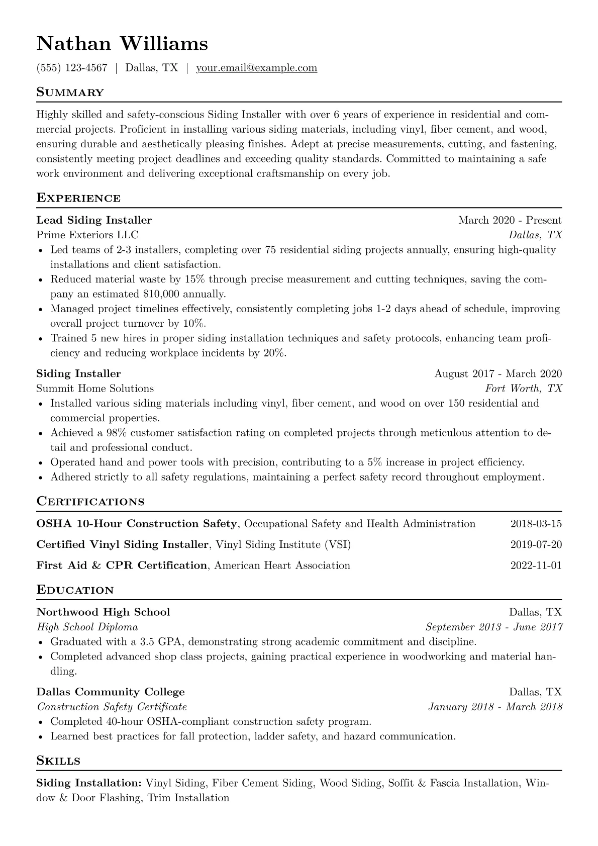 Siding Installer Resume Example CV template - Page 1