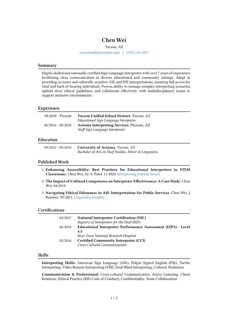Sign Language Interpreter Resume Example CV template preview