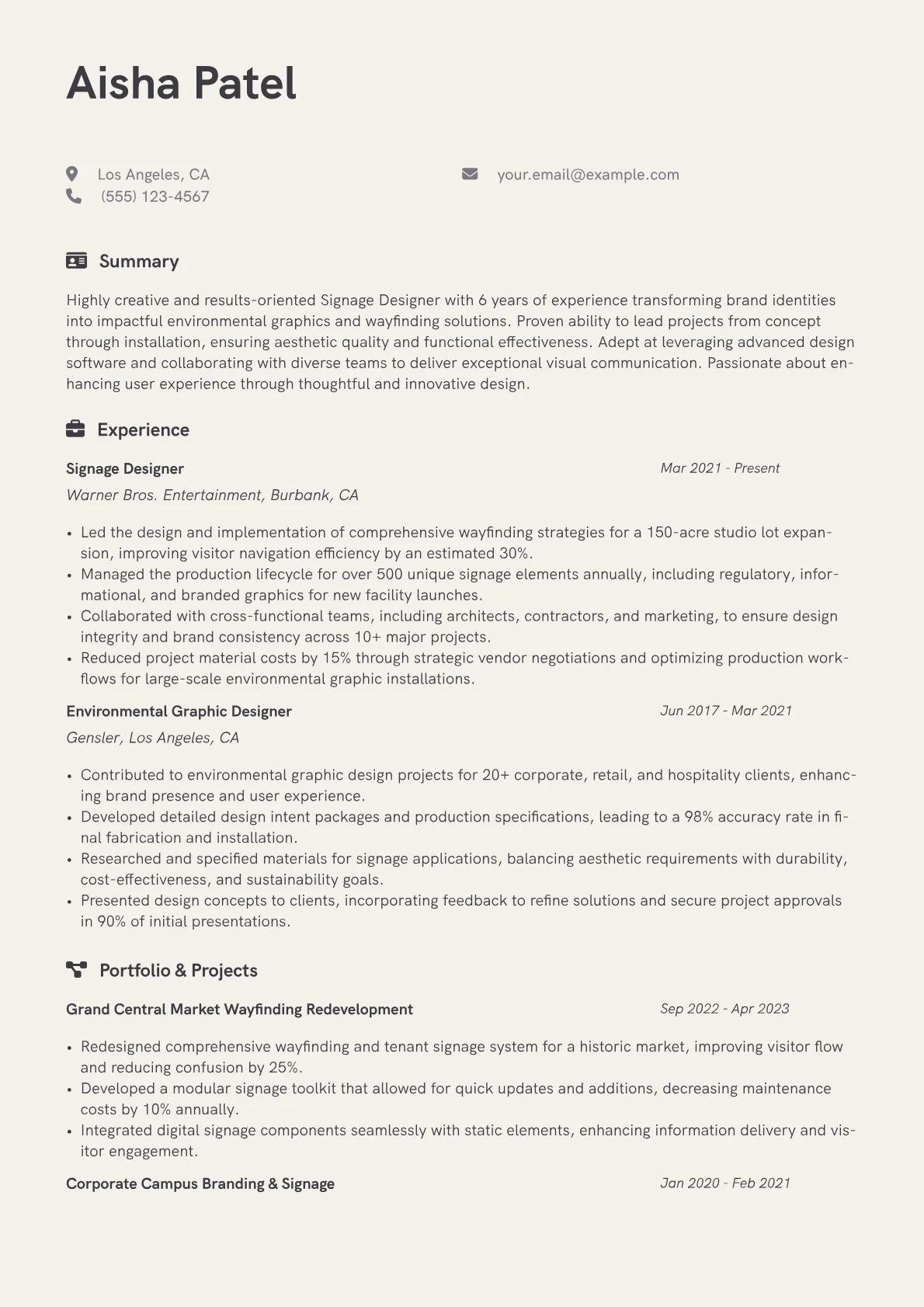 Signage Designer Resume Example CV template - Page 1