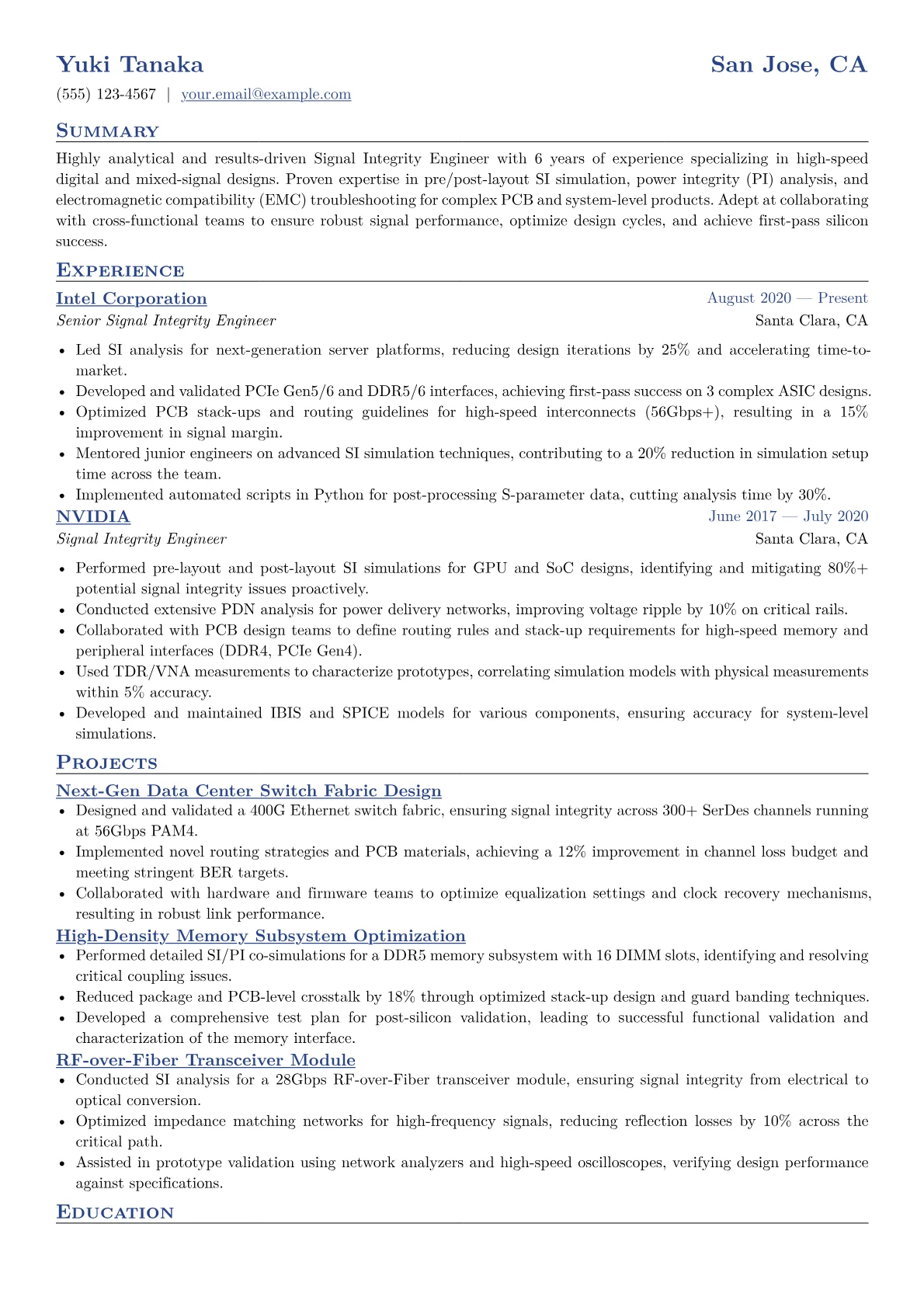 Signal Integrity Engineer Resume Example CV template - Page 1