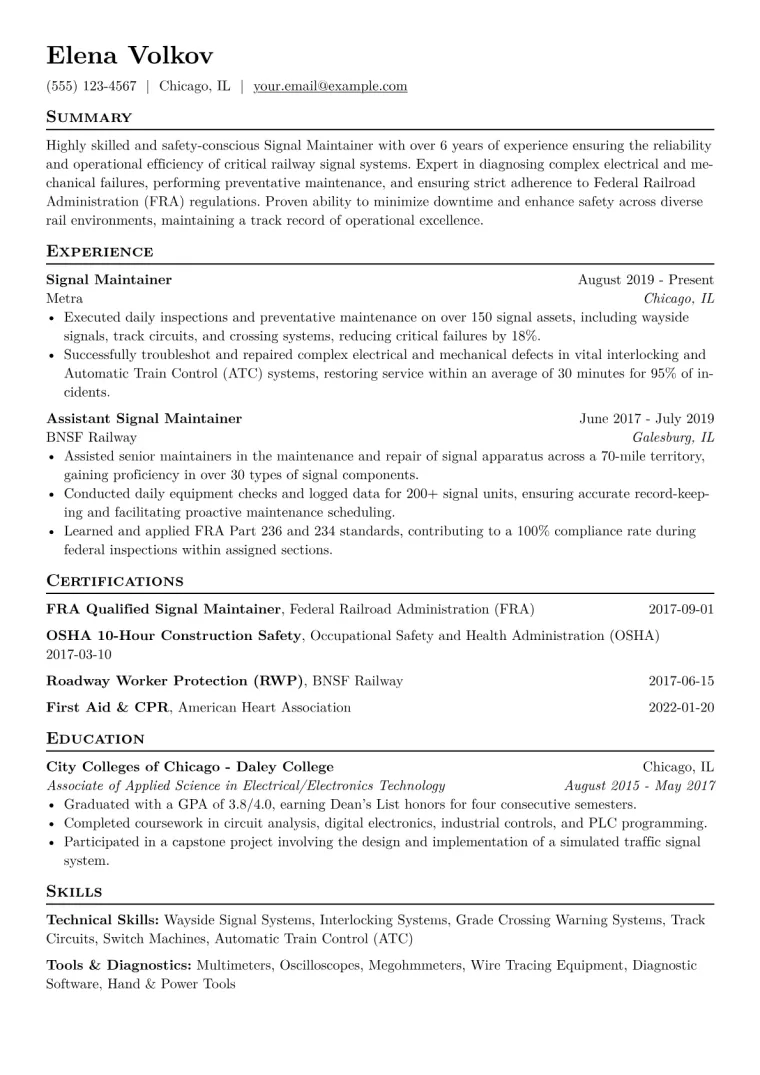 Signal Maintainer Resume Example CV template preview