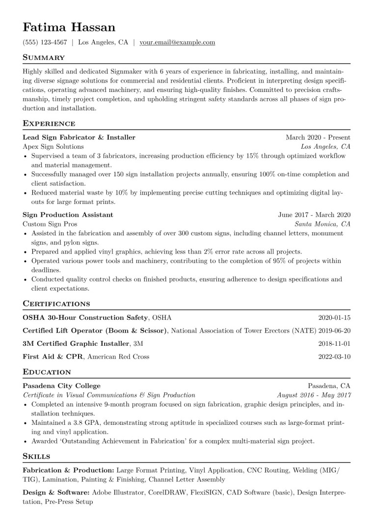 Signmaker Resume Example CV template preview