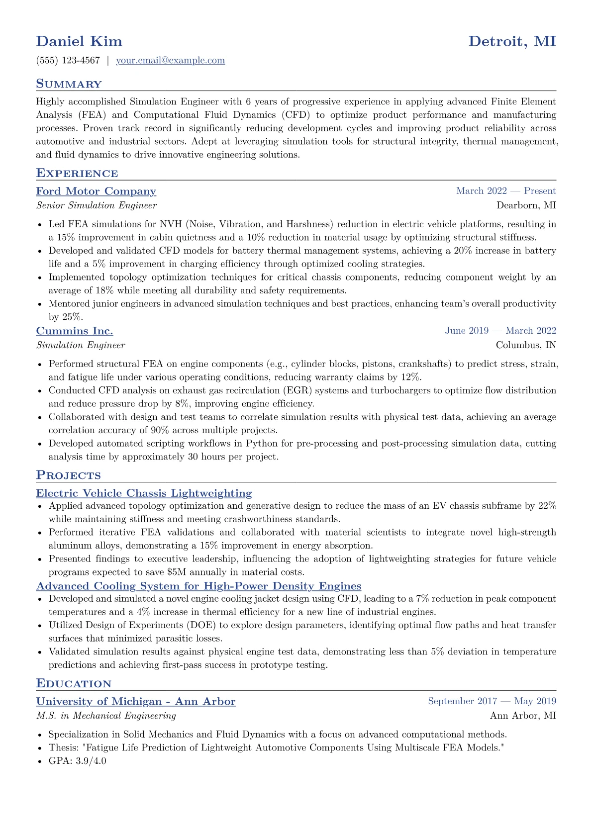 Simulation Engineer Resume Example CV template - Page 1