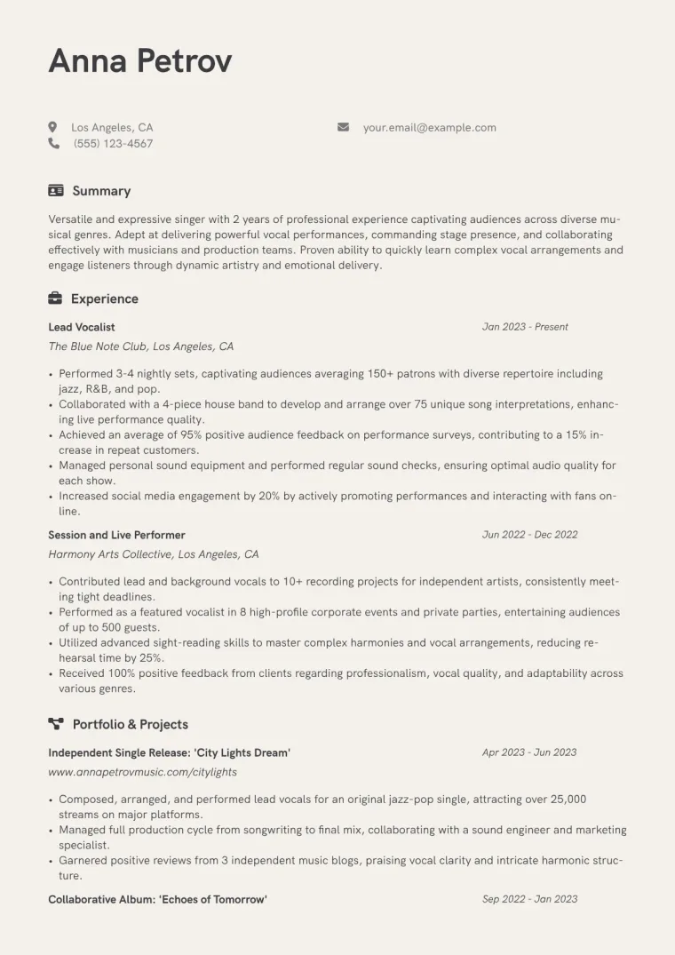 Singer Resume Example CV template preview
