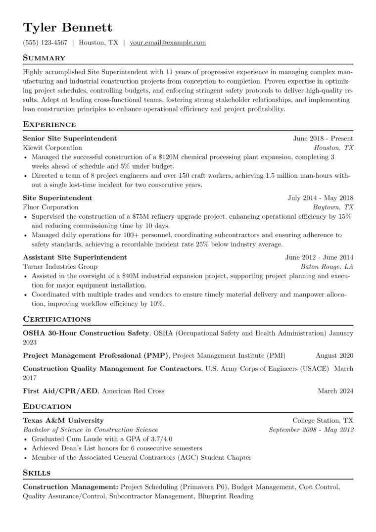 Site Superintendent Resume Example CV template preview