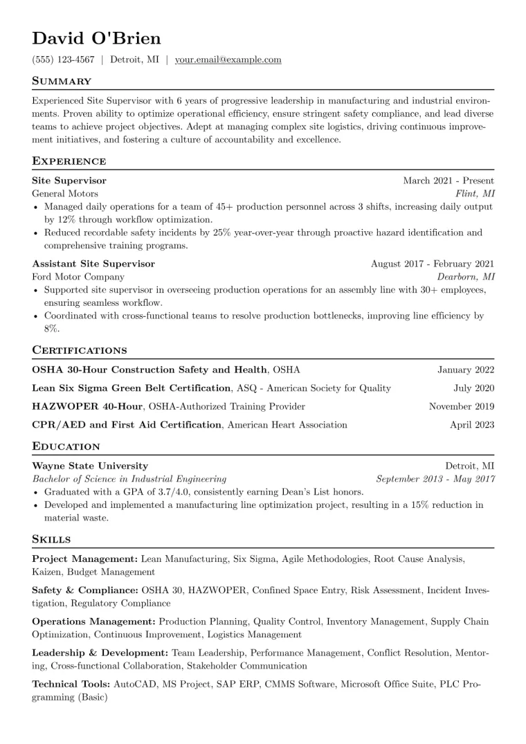 Site Supervisor Resume Example CV template preview