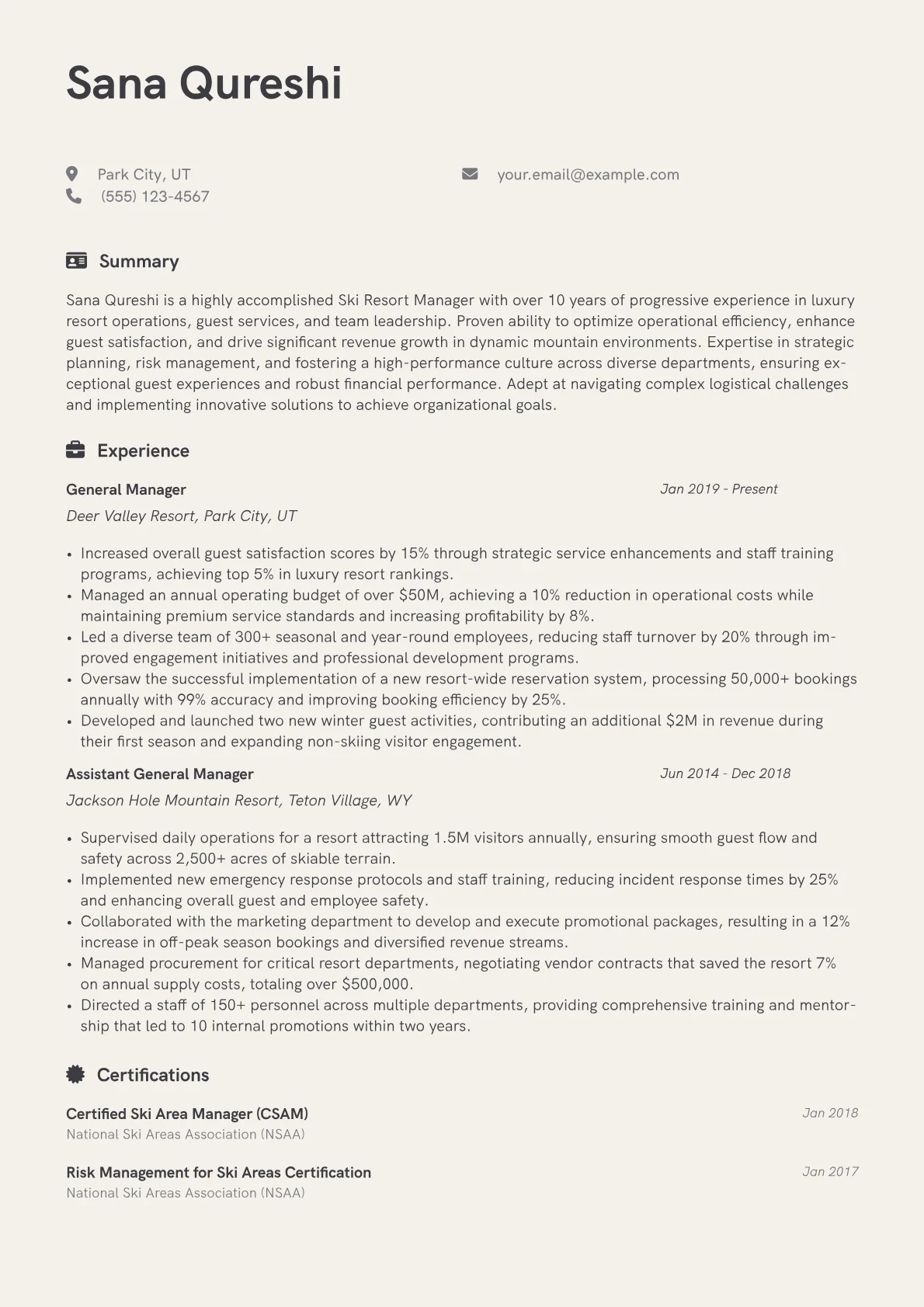 Ski Resort Manager Resume Example CV template - Page 1