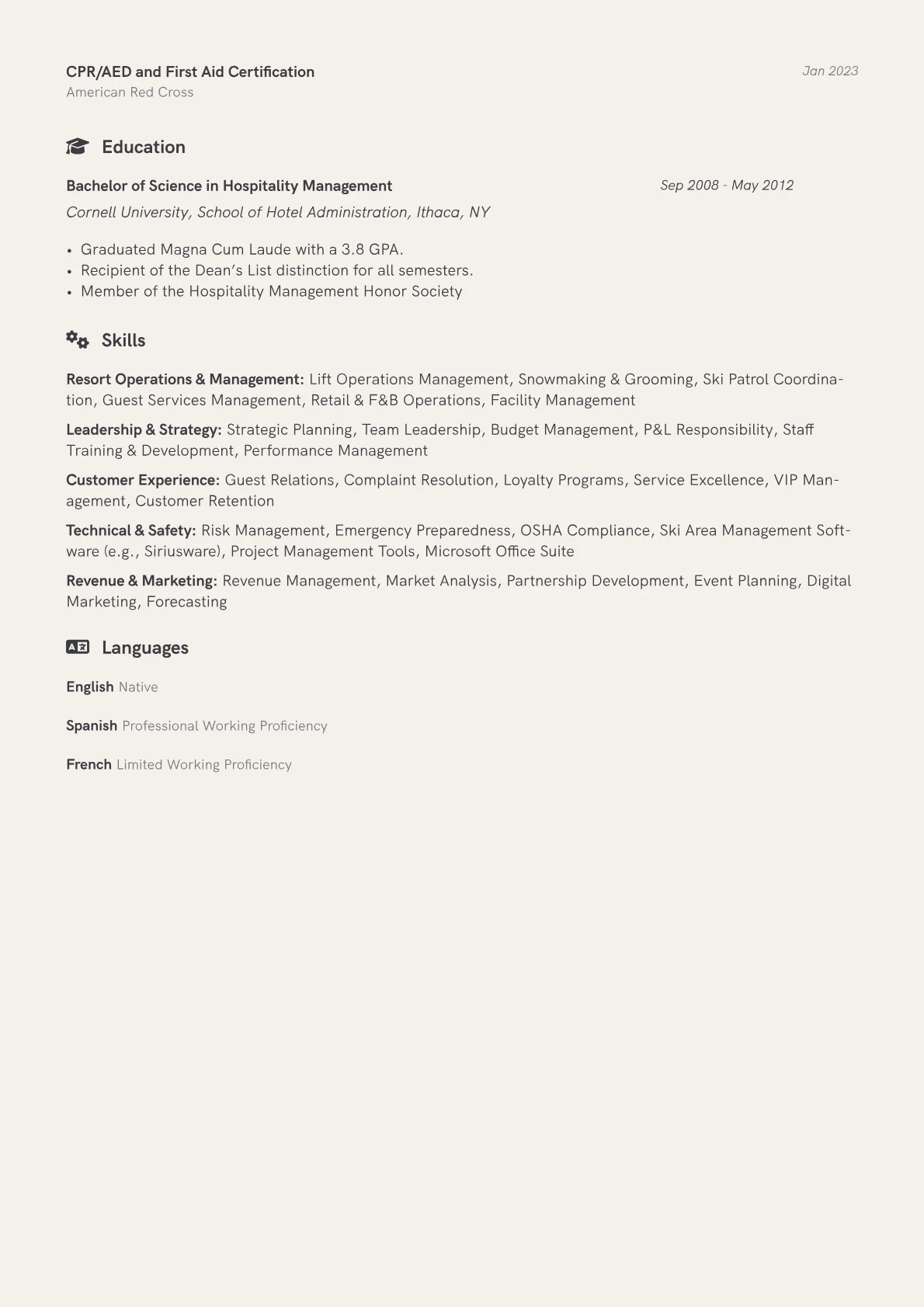 Ski Resort Manager Resume Example CV template - Page 2