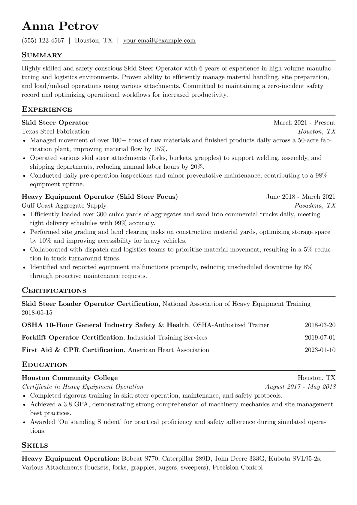 Skid Steer Operator Resume Example CV template - Page 1