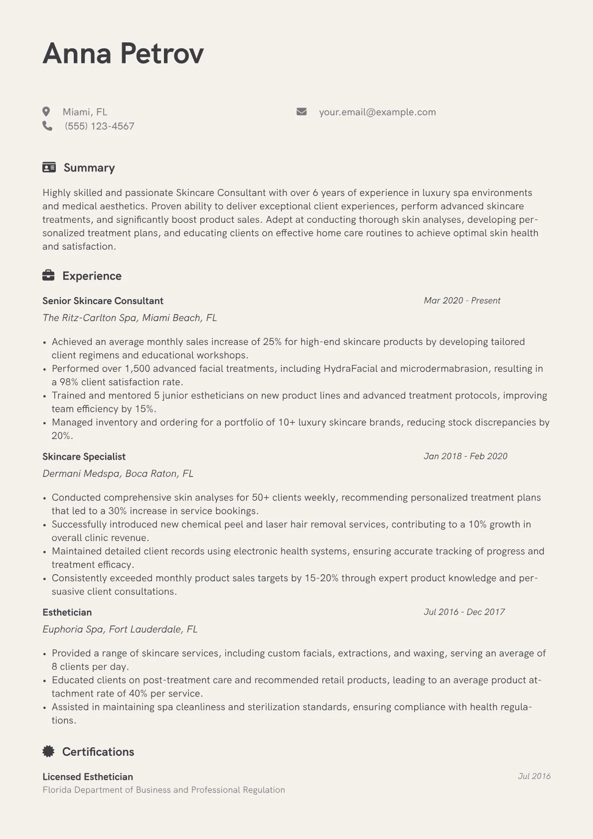 Skincare Consultant Resume Example CV template - Page 1
