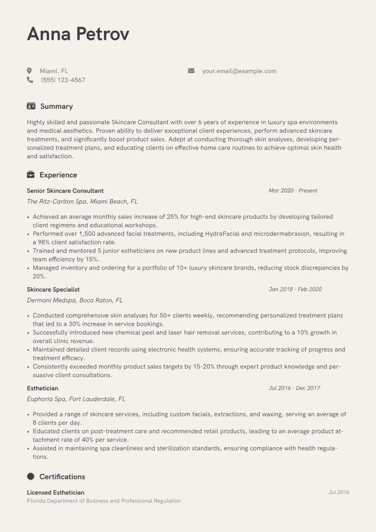 Skincare Consultant Resume Example CV template preview