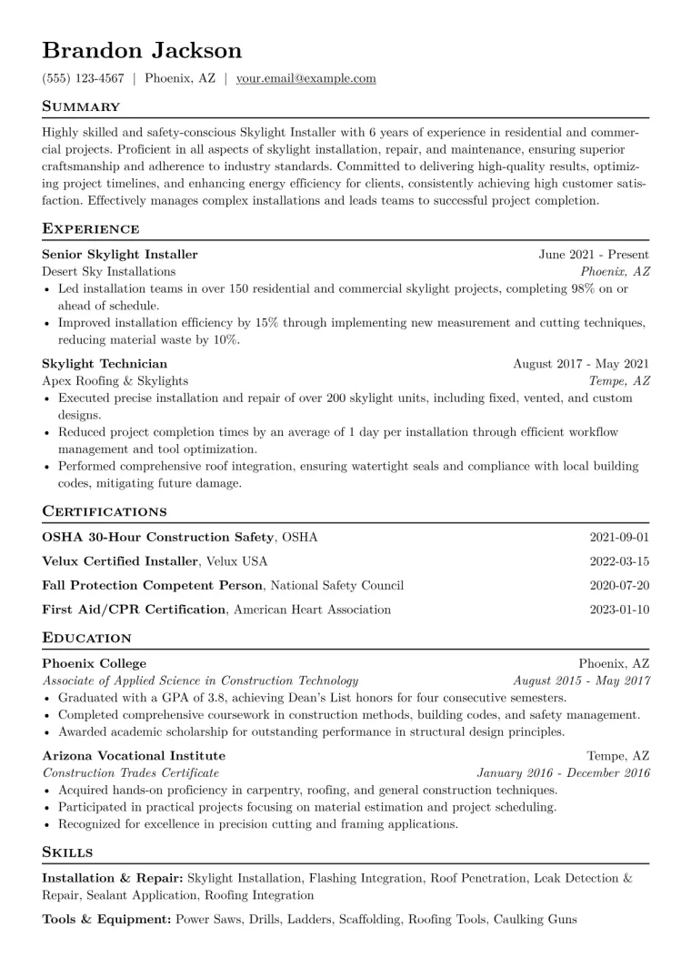 Skylight Installer Resume Example CV template preview
