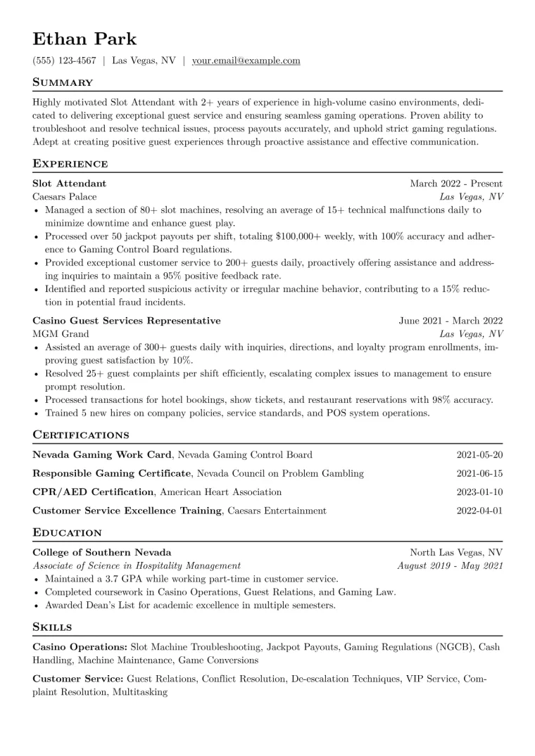 Slot Attendant Resume Example CV template preview