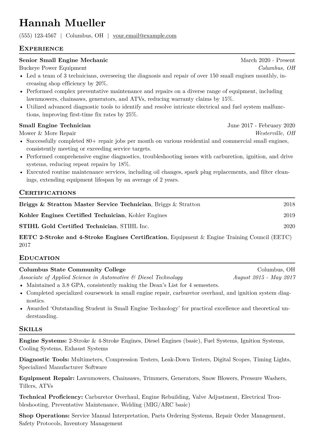 Small Engine Mechanic Resume Example CV template - Page 1