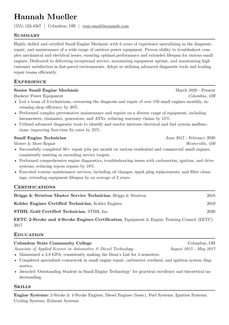 Small Engine Mechanic Resume Example CV template preview