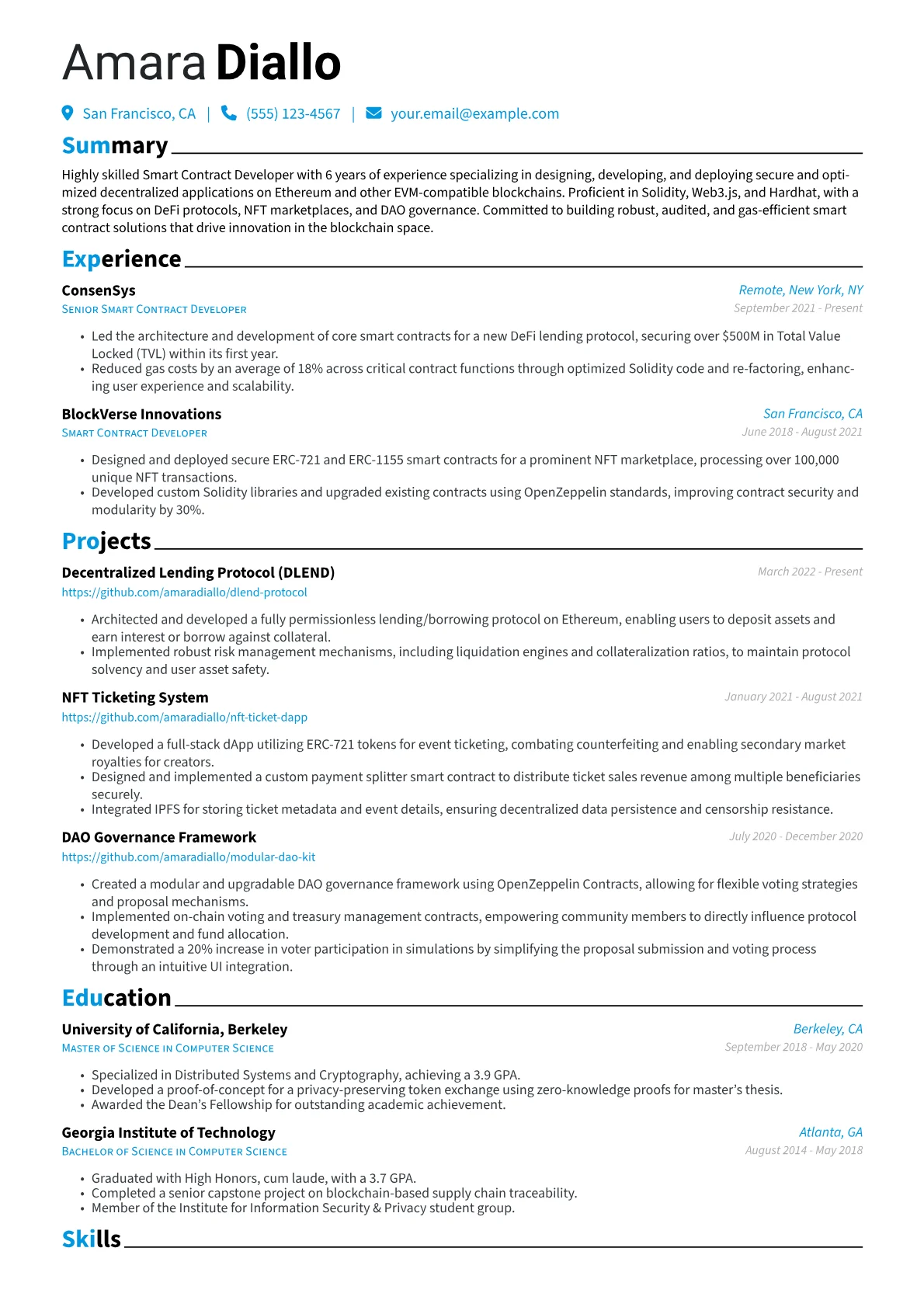 Smart Contract Developer Resume Example CV template - Page 1