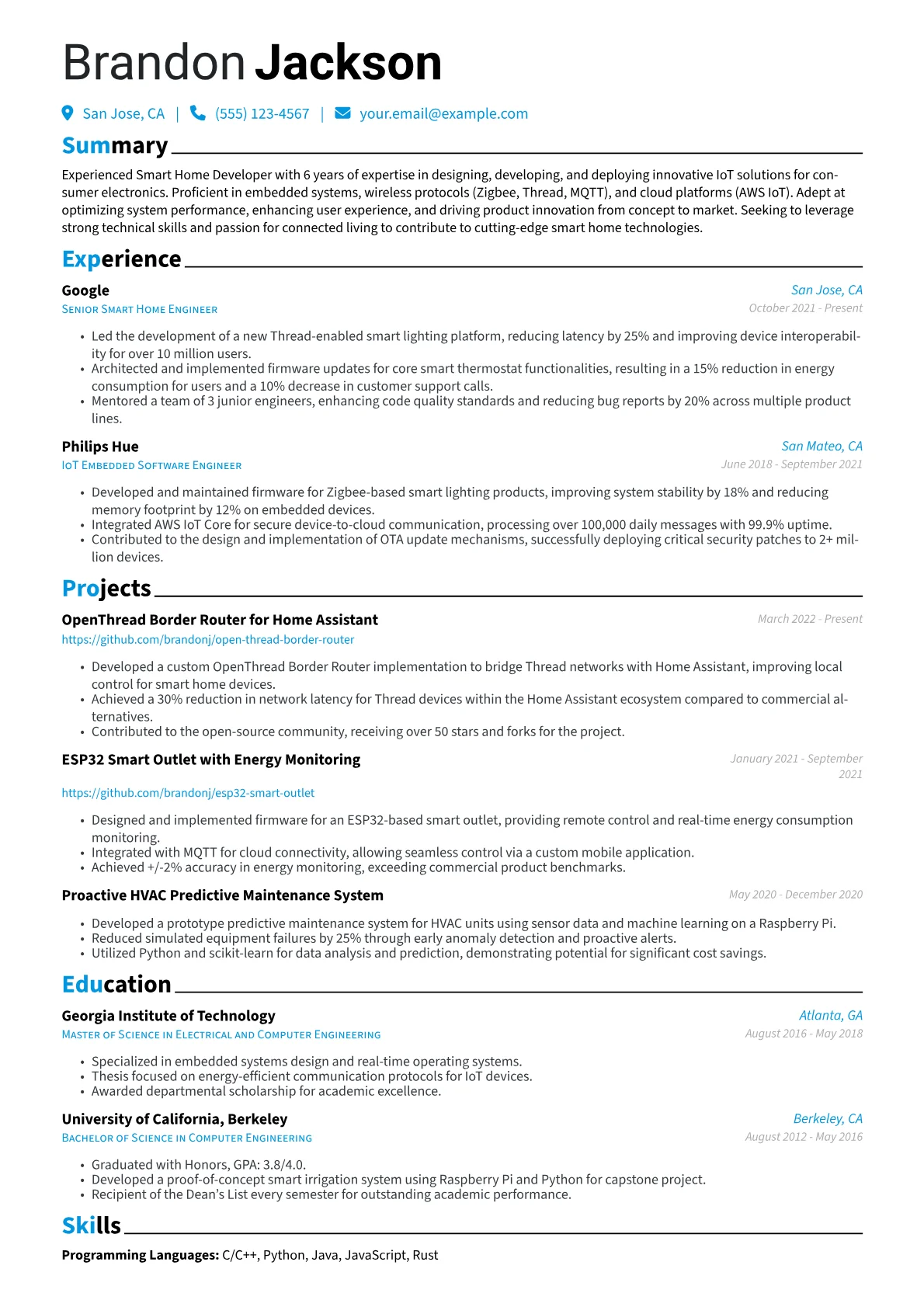 Smart Home Developer Resume Example CV template - Page 1