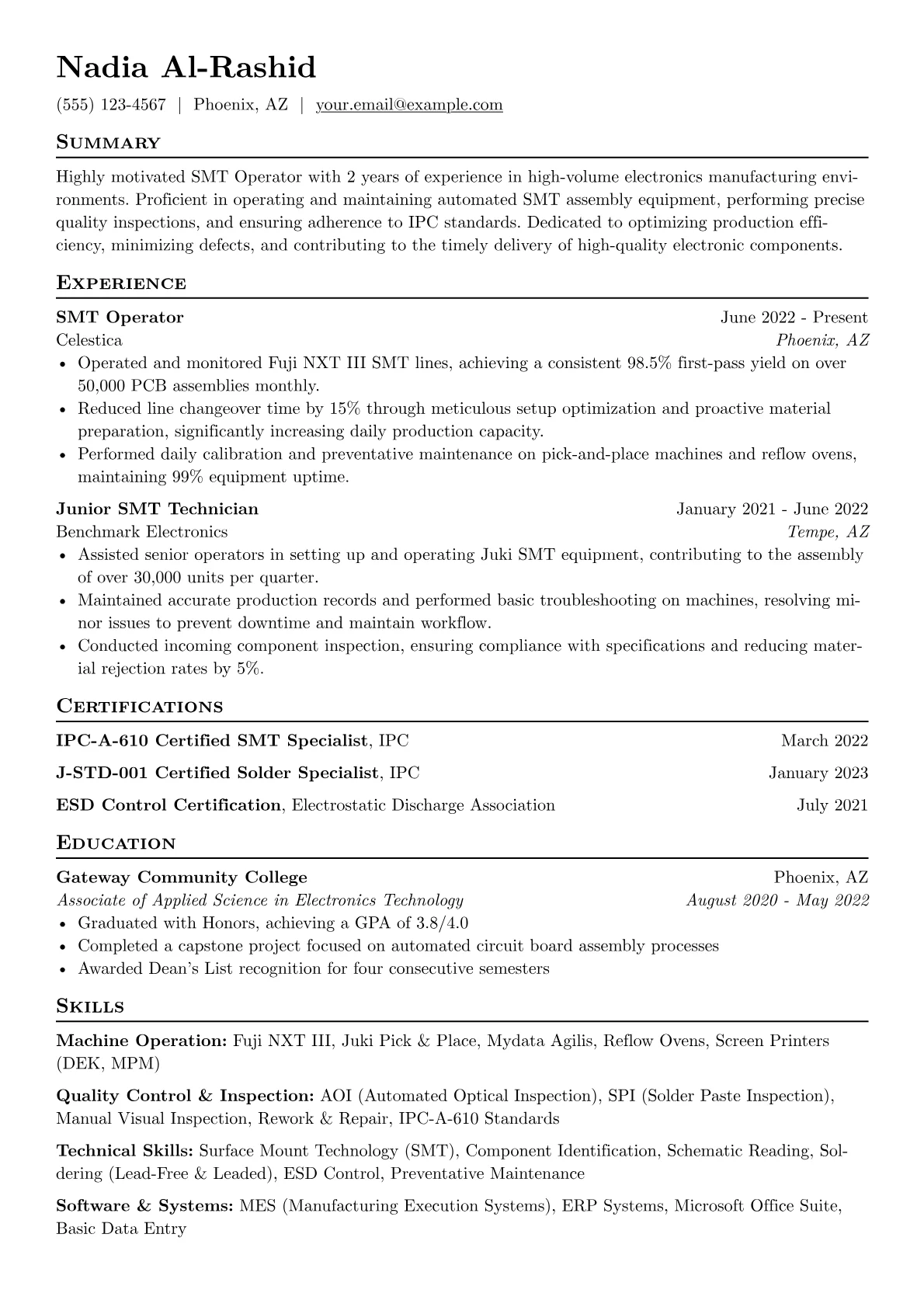 SMT Operator Resume Example CV template - Page 1