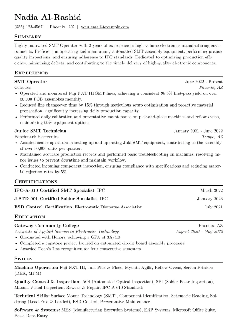 SMT Operator Resume Example CV template preview