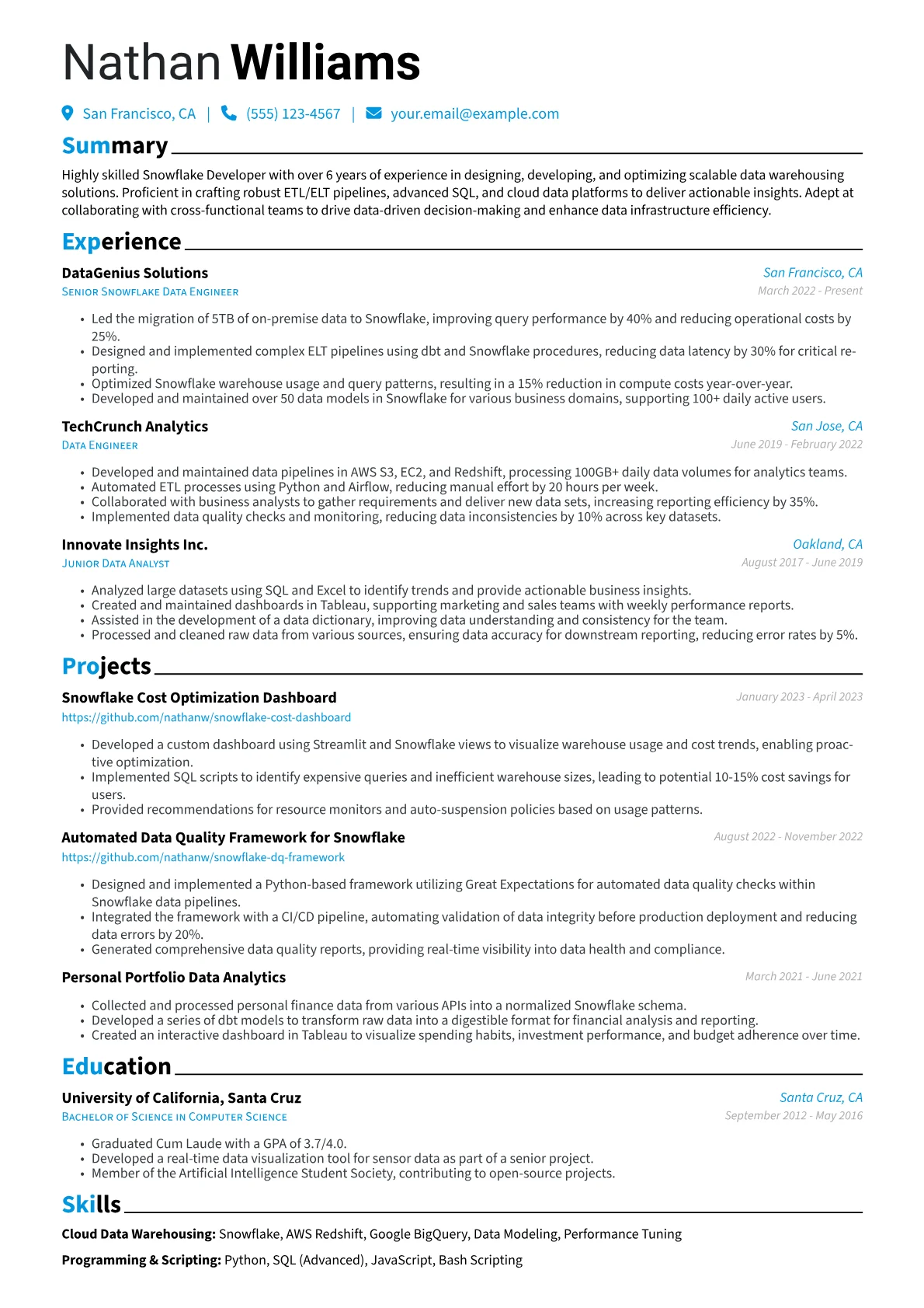 Snowflake Developer Resume Example CV template - Page 1