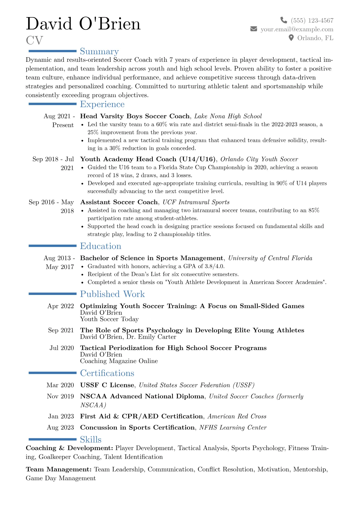Soccer Coach Resume Example CV template - Page 1