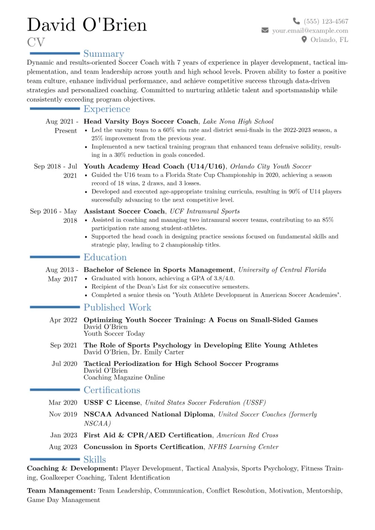 Soccer Coach Resume Example CV template preview