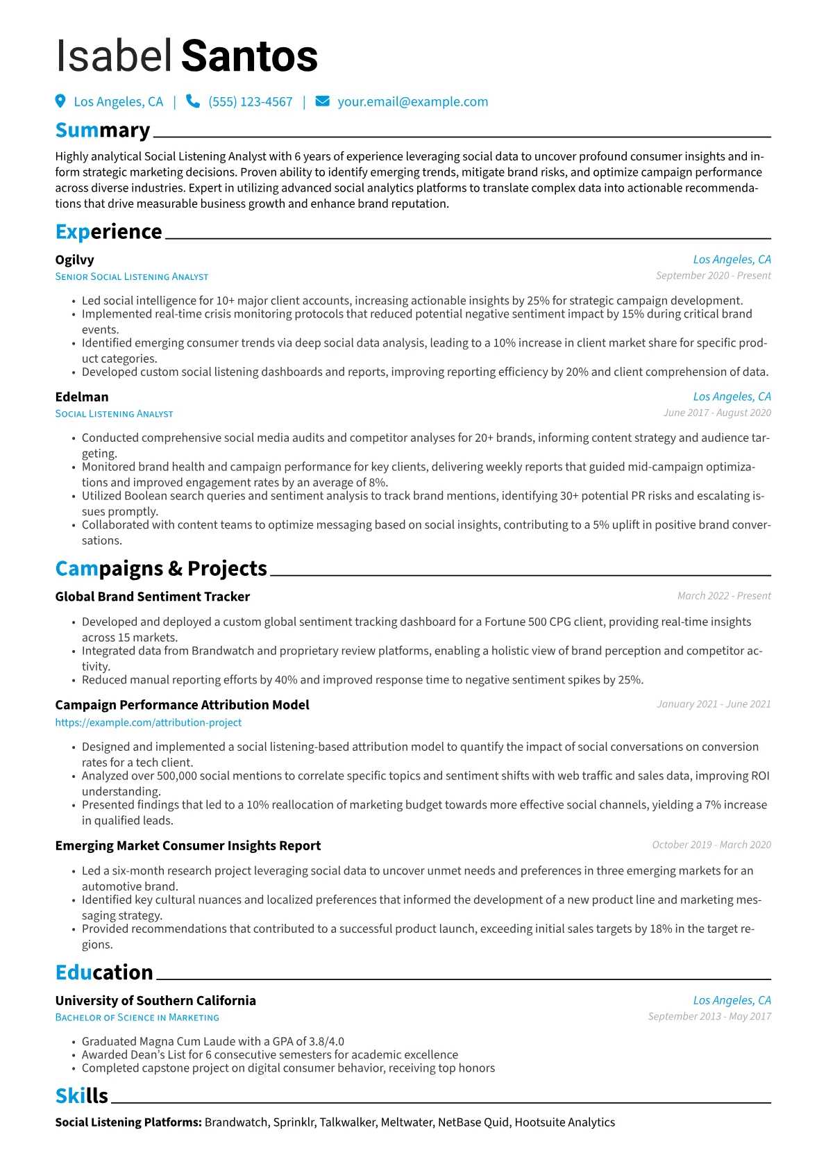 Social Listening Analyst Resume Example CV template - Page 1