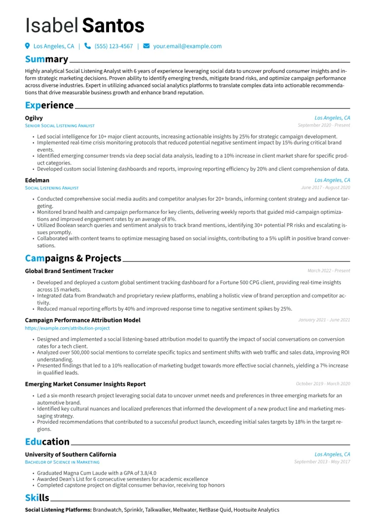 Social Listening Analyst Resume Example CV template preview