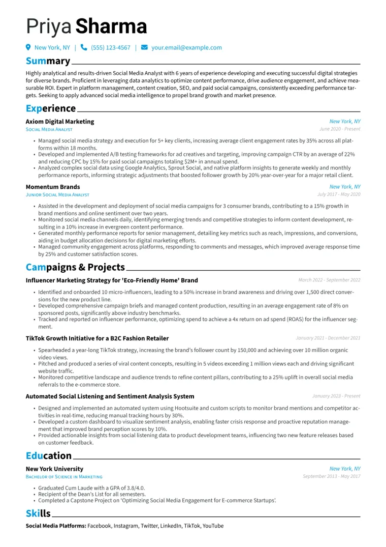Social Media Analyst Resume Example CV template preview