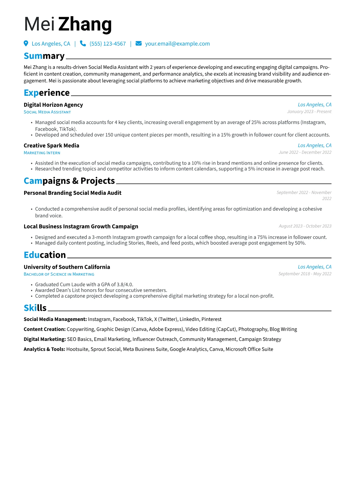 Social Media Assistant Resume Example CV template - Page 1