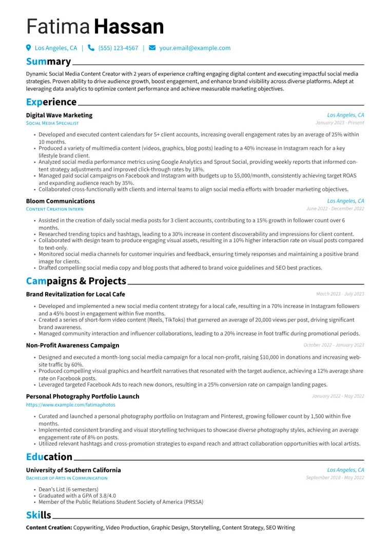 Social Media Content Creator Resume Example CV template preview
