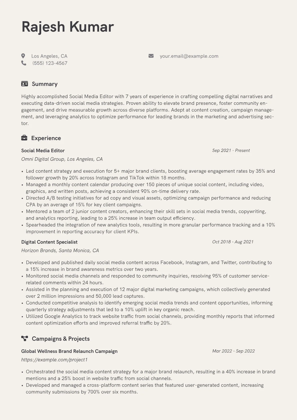 Social Media Editor Resume Example CV template - Page 1