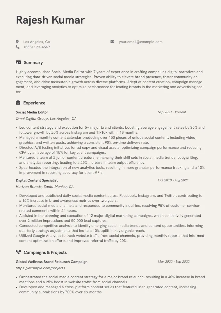 Social Media Editor Resume Example CV template preview