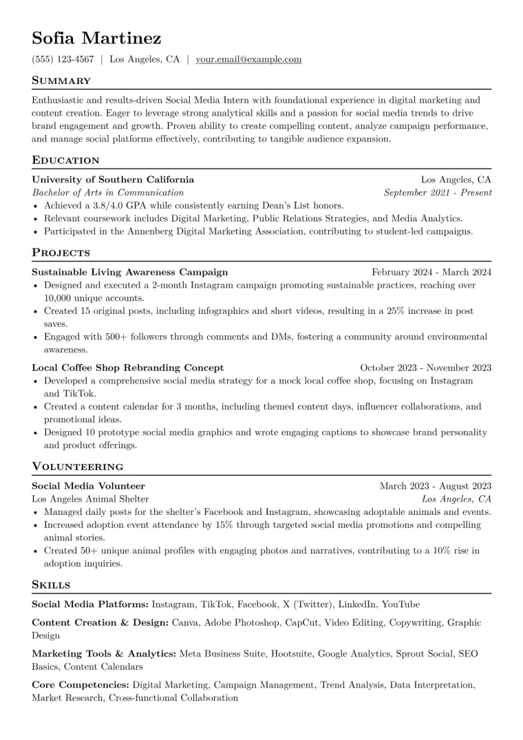 Social Media Intern Resume Example